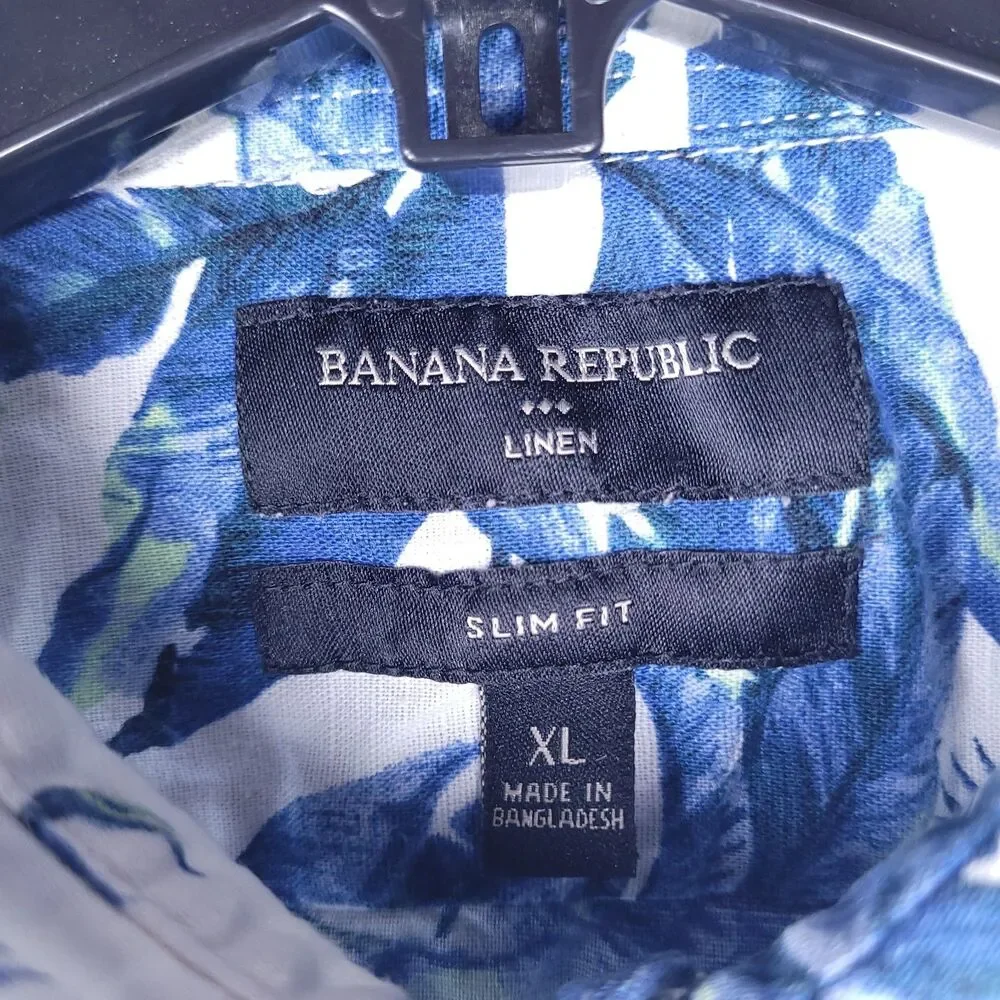 Banana Republic Linen Shirt Mens XL Floral Palm Blue, White Slim Fit